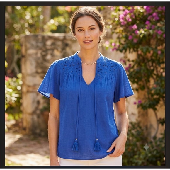 Knox Rose Tops - Knox Rose Womens Blue Embroidered Tassel Tie Blouse Short Sleeve Top Small NWT